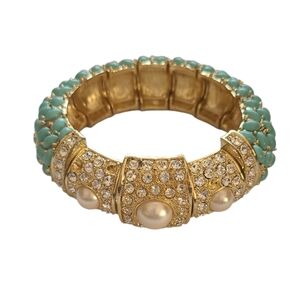 Stretch Bangle Costume Turquoise and Pearl Gold Tone